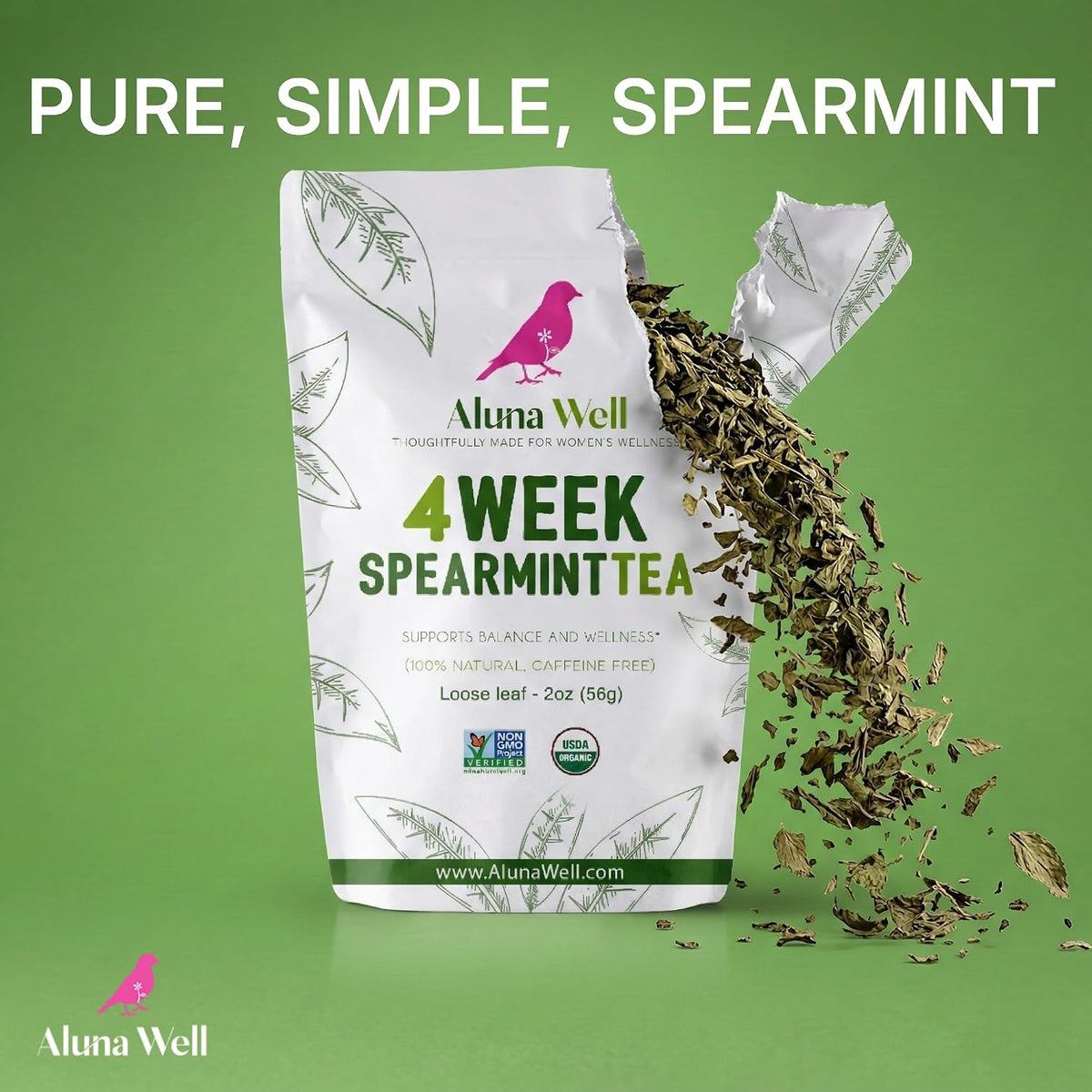 Aluna Well Organic Spearmint Tea – Supports Hormonal Balance and Wellness for Women, 4 Week Loose Leaf Herbal Tea, Caffeine-Free, 2 oz