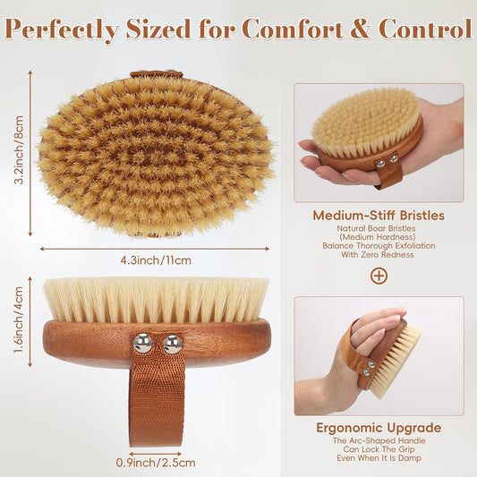 DEBETOOL Dry Brushing Body Brush - Natural Boar Bristle Dry Body Brush for Lymphatic Drainage, Cellulite, Blood(Medium Hardness)