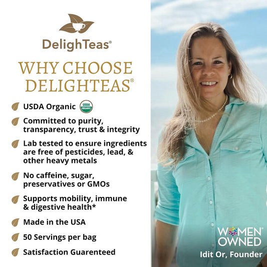 DelighTeas Organic Turmeric Ginger Tea | Ayurvedic Loose Leaf Herbal Turmeric Tea for Mobility, Immune & Digestive Support | Non-GMO, Caffeine Free, Unsweetened | 50 Servings, 4oz.