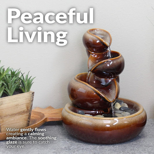 Sunnydaze Tiered Vessels Ceramic Tabletop Water Fountain - Relaxing Indoor Fountain for Office, Bedroom, or Living Room - Teal