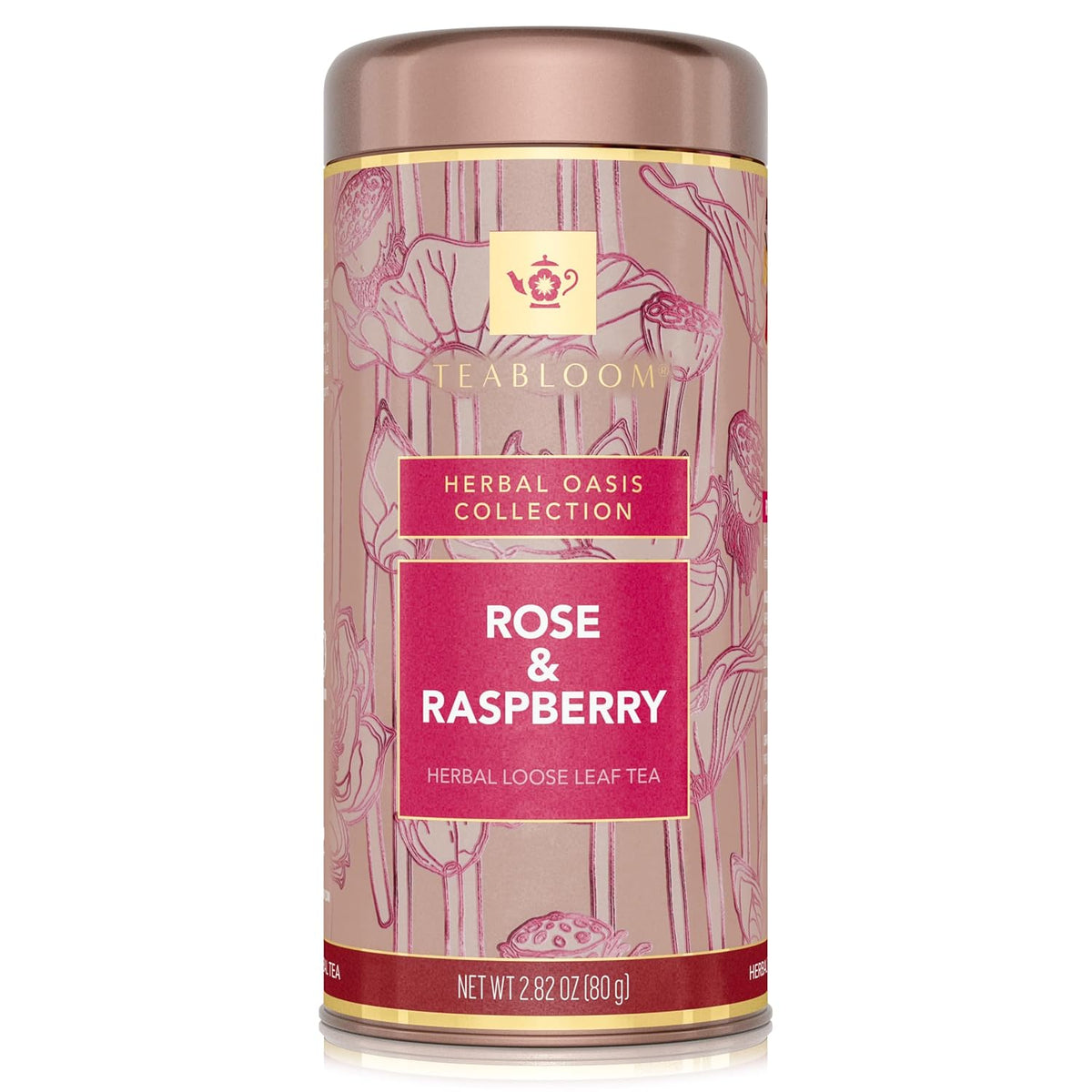 Teabloom Rose and Raspberry Loose Leaf Herbal Tea with Rose Petals & Berries | Floral Fruit Caffeine-Free Blend | Canister Makes 35–50 Cups | Gift-Ready Reusable Tin