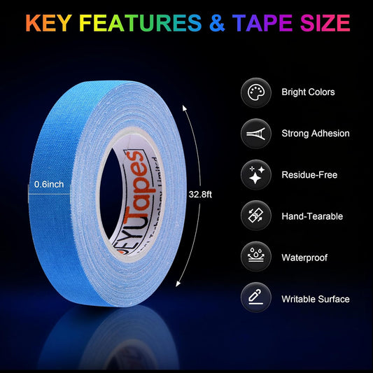 0.6 inch x 32.8 feet Neon Gaffer Cloth Tape, 6 Bright Colors, Strong-Adhesive & Residue-Free, Black Light Tape for UV Parties, Dance Floors & Theaters, Requires UV Blacklight to Glow