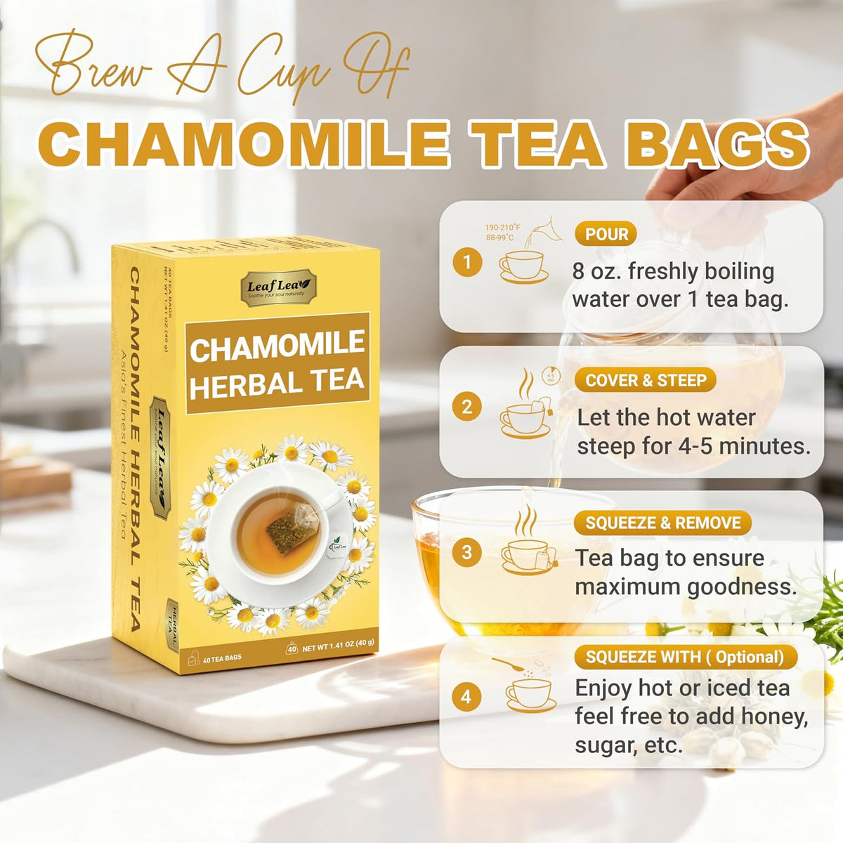 LeafLea Chamomile Herbal Tea Bags, Calm Evening Routine, 80 Count