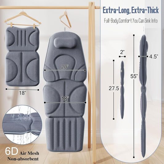 Luxury Full Body Bathtub Pillow 6D Air Mesh,Extra Long Bath Pillow for Tub Non Slip,Soft Relax Tub Pillow for Bath Head Neck Back Waist Support,Large Thick Spa Bathtub Cushion (Gray)