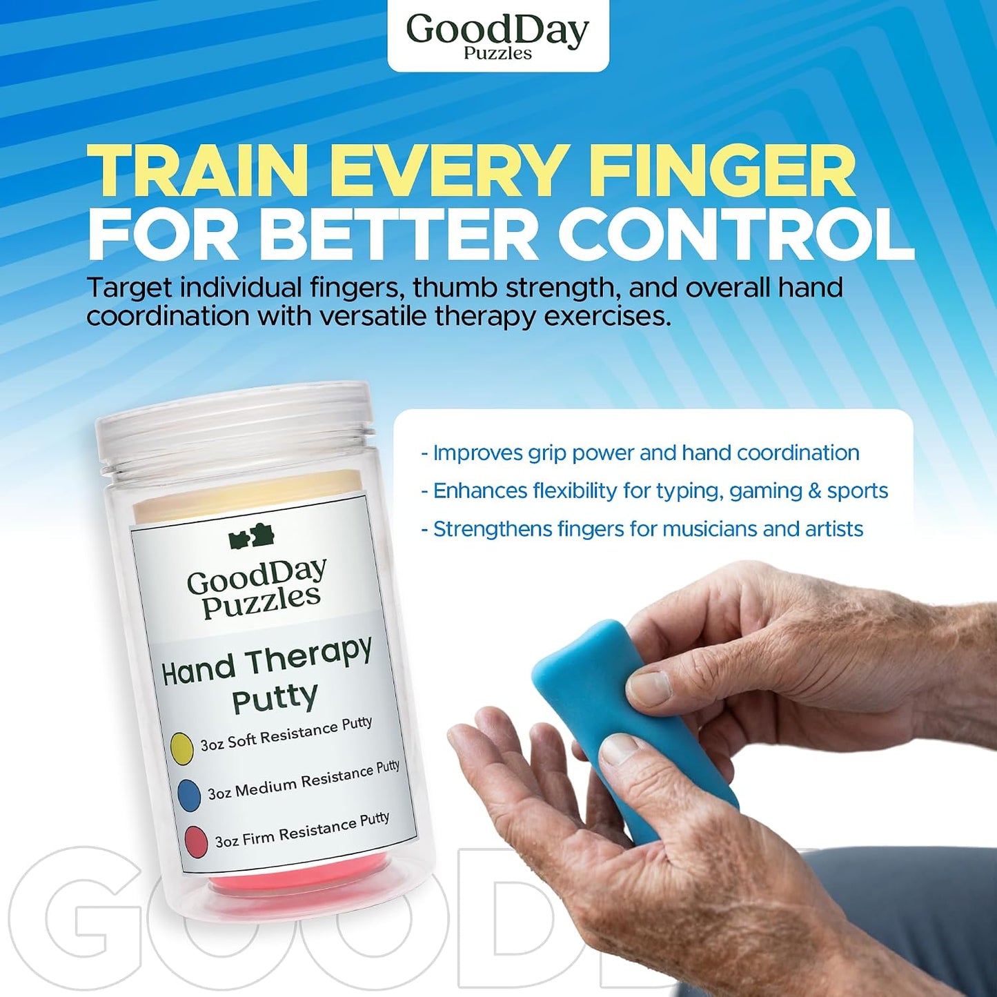 Hand Therapy Putty 3 Piece Set - Hand Strengthening & Stress Relief Putty for Grip, Finger & Wrist Exercises, Sensory Therapy Putty for Adults