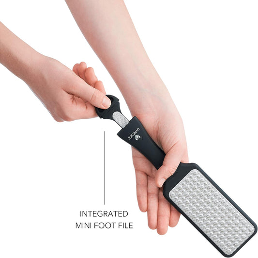 Foot File. Best Premium Pedicure Foot Rasp and Callus Remover. 3-in-1 Tool. Removes Hard Skin. No Risk of Injury. Stainless Steel. Ergonomic Handle. Washable. Works on Both Wet and Dry Feet.