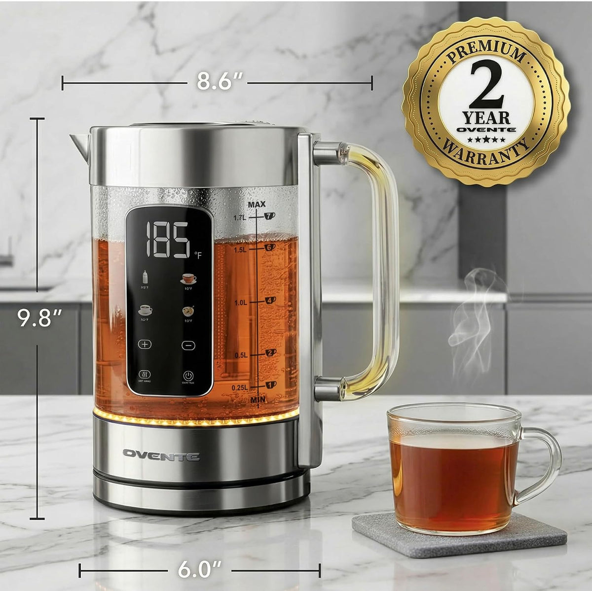 OVENTE 1.8L Glass Electric Kettle with Tea Infuser, Silver KGD752S