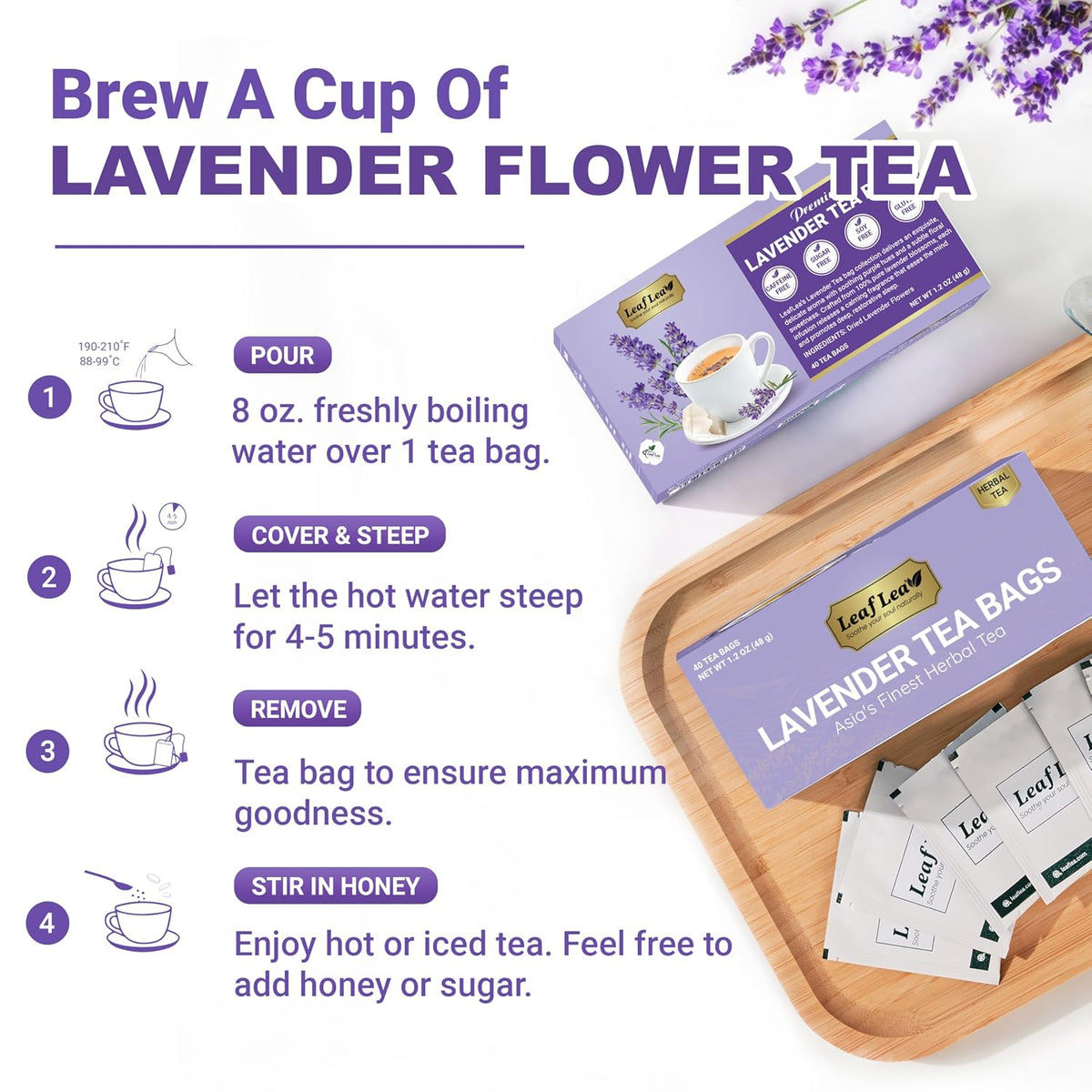 LeafLea Lavender Tea Bags, Calming Lavender Herbal Tea, 80 Count Pack of 2