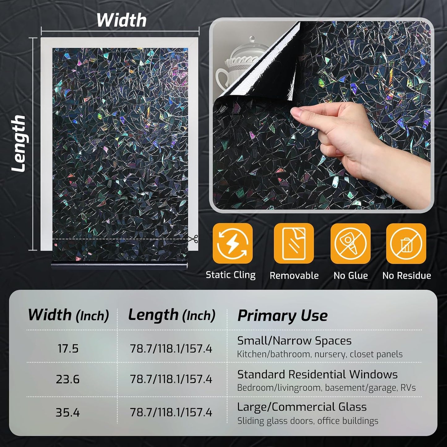 LUTE Blackout Window Film, Window Tint for Home Privacy, 17.5" x 78.7"