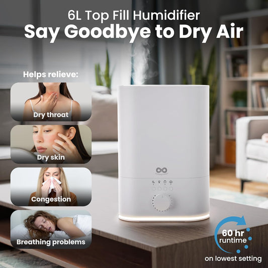 Everlasting Comfort 6L Humidifier Large Room, High Mist Output 60 HR Runtime Ultrasonic Top Fill Humidifiers for Bedroom, Easy to Use & Clean for Home, Baby Humidifier, Plants, Congestion, Indoor