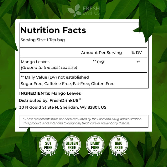 FreshDrinkUS, Premium 40 Mango Leaf Tea Bags, 100% Natural& Pure from Mango Leaves. Herbal Tea. No Sugar, No Caffeine, No Gluten, Vegan.