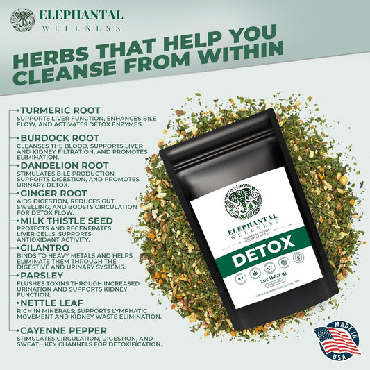 Elephantal Wellness Premium Detox Herbal Tea | Daily Liver, Kidney, Blood & Digestive Support with Turmeric, Nettle Tea, Milk Thistle, Dandelion Tea & Burdock | Handmade, Caffeine-Free Loose Leaf Blend | 2oz, 20 Servings
