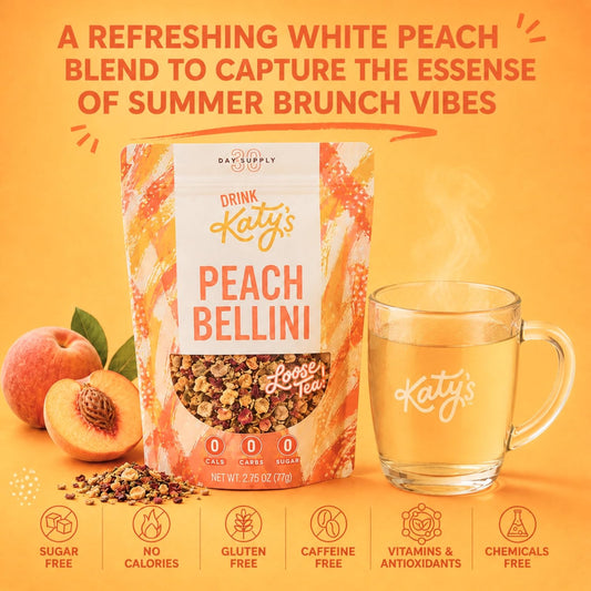 Katyβs Peach Bellini Loose Tea - Apple, Peach & Mango - Light Herbal Fruit Tea, Caffeine-Free, Sugar-Free - Hot or Iced Tea - 30+ Cups