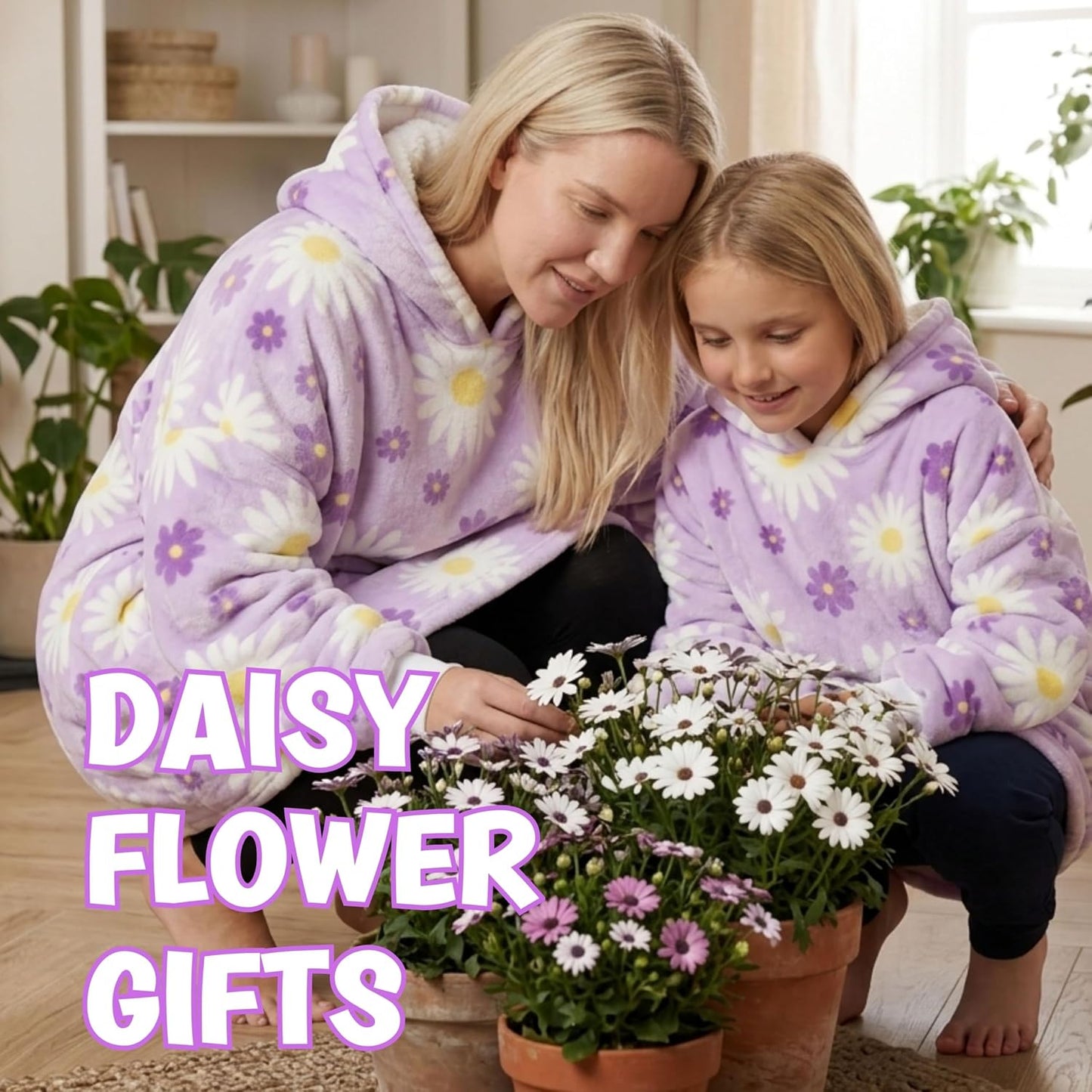 Huglanket Daisy Flower Gifts, Wearable Oversized Flannel Hooded Blankets
