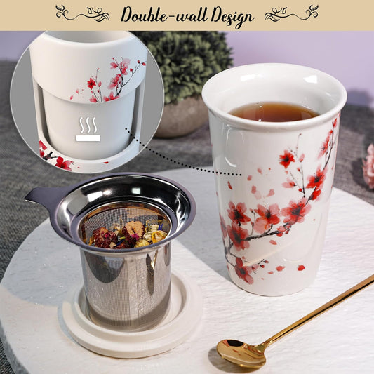 Tea Gift Set for Women - 6 Herbal Loose Leaf Tea Blends, Insulated Ceramic Cup with Infuser & Lid | Birthday, Mother's Day, Anniversary & Retirement Gift for Her