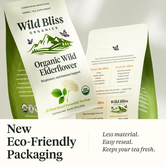 Wild Bliss Organic Elderflower Herbal Tea - Caffeine Free Elder Flowers Tisane - Pharmacopoeia Potency - 20 Plant Based Tea Bags