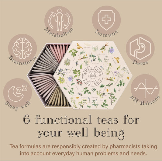 ACORUS Wellness Tea Set – Natural Herbal Tea Variety Pack, Gift Set of 6 Different Teas, 60 Bags Individually Wrapped, Herbal Sampler Box, Harmonious Balance of Taste & Aroma
