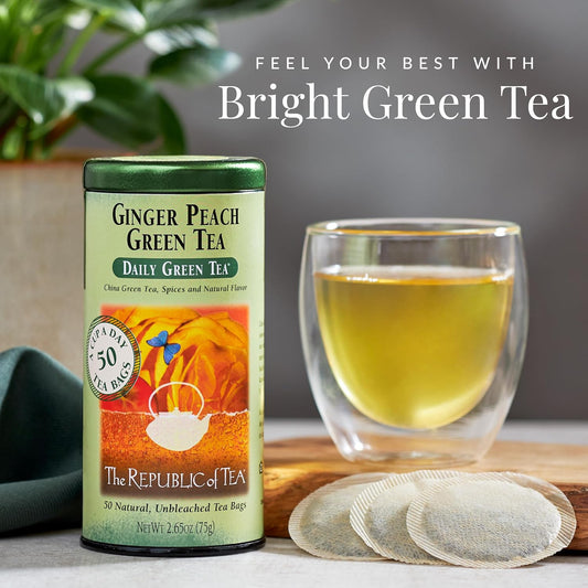 The Republic of Tea Daily Green Ginger Peach Green Tea, Low Caffeine, 50 Ct