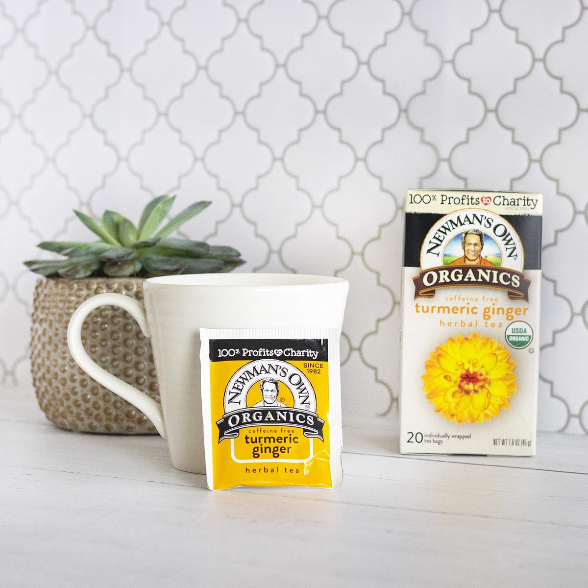 Newman’s Own Organic Turmeric Ginger Herbal Tea Caffeine-Free May Aid Digestion and Boost Immunity Turmeric Tea with 20 Individually Wrapped Tea Bags Per Box (Pack of 6) USDA Certified