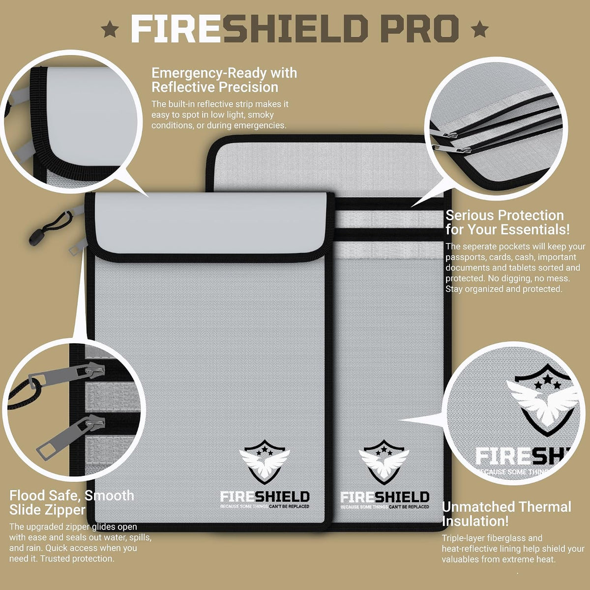 FIRESHIELD PRO Upgraded 2000°F Fireproof Document Bag w/ Dual Pockets – Fire & Waterproof Money Pouch for Cash – Safe Storage for Family Photos, Jewelry, Passport & Important Documents – 15" x 11"