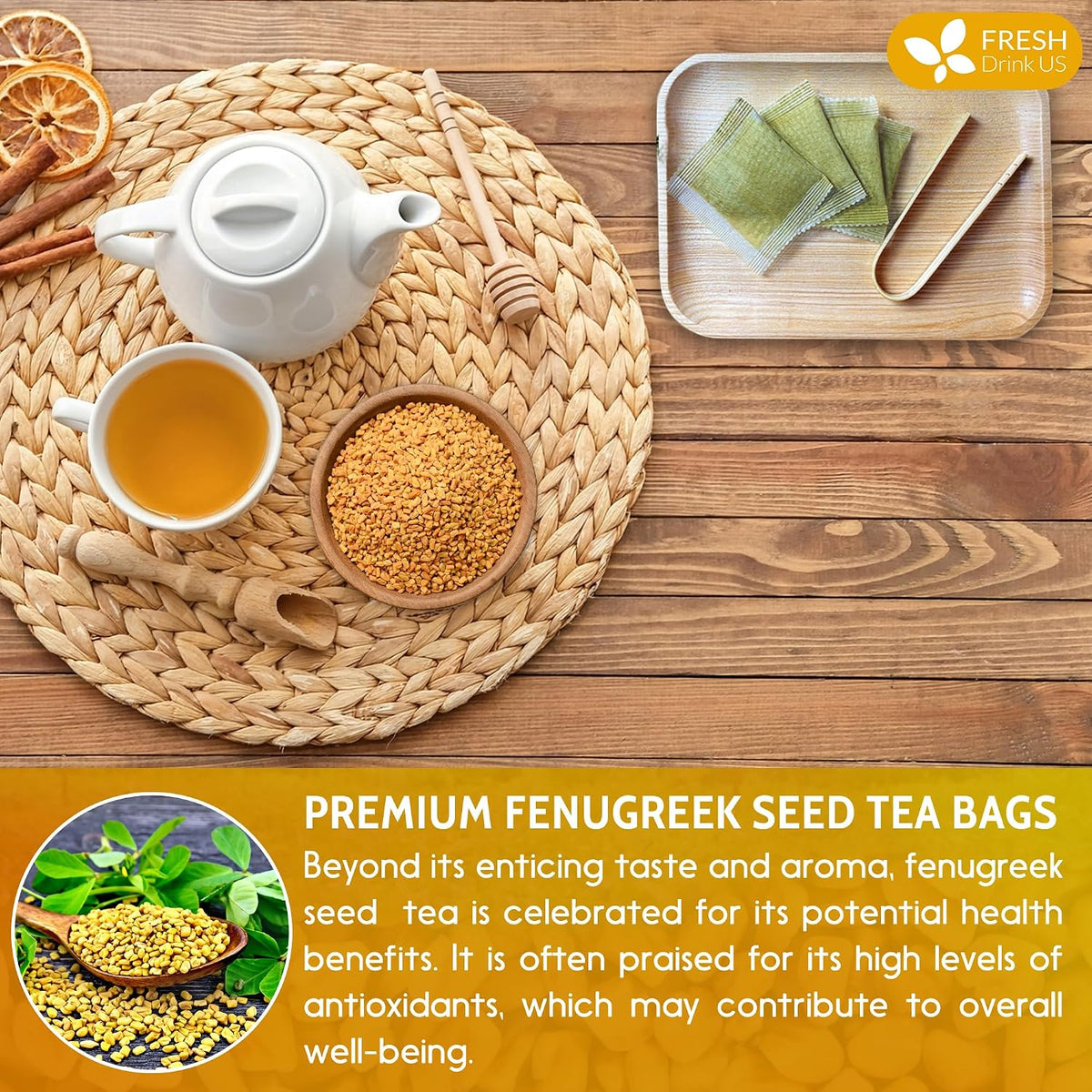 FreshDrinkUS, Premium Fenugreek Tea Bag, 120 Count, Pure, Caffeine Free