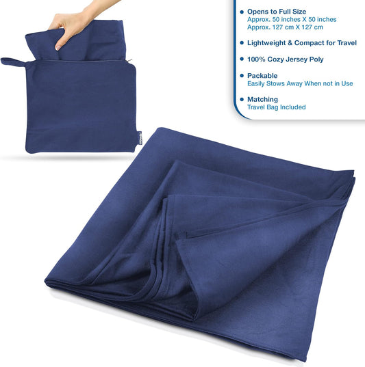 Cloudz Super Soft Jersey Airplane Travel Blanket for Your Flight, Car, Camping, Home or Comforting Warmth Anywhere! Large in Size at 50"x 50" and Includes a Bag! - Blue