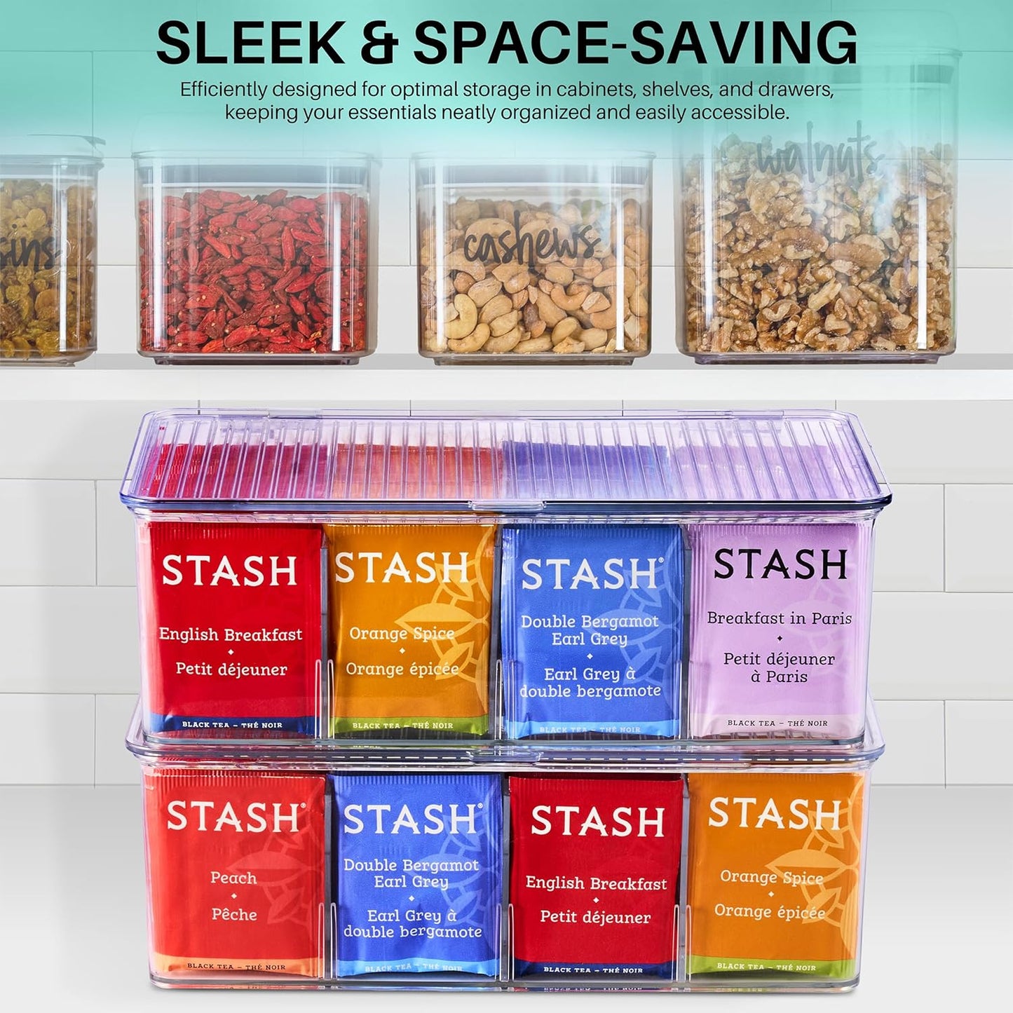 Sorbus Tea Bag Organizer, 2-Pack Clear Bins with Removable Dividers