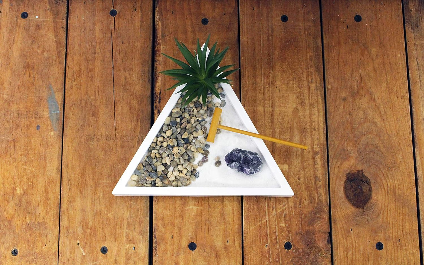 Nature's Mark Mini Zen Garden Kit for Desk with White Sand, Rake, White Base, Salt Rock and Air Plant (Round)