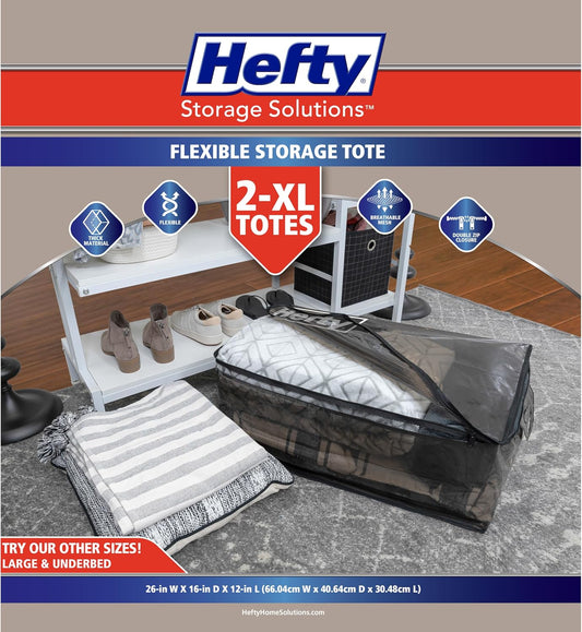 Hefty Storage Bags Extra Large Double Zipper Backpack, Heavy Duty Water Resistant Moving Totes with Shoulder Straps, Foldable Reusable Packing Organizers, (X-Large Black)