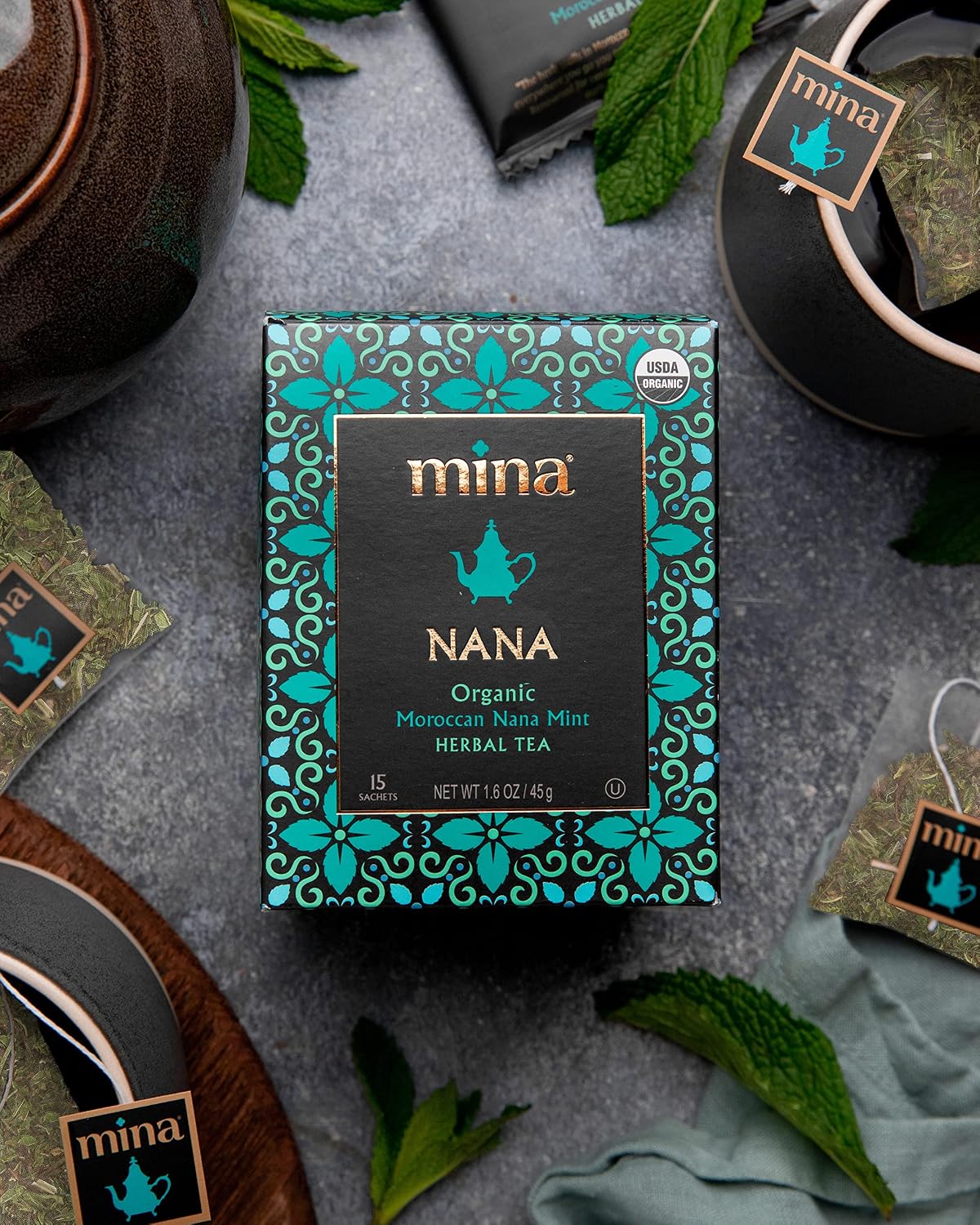 Mina Nana Organic Moroccan Mint Herbal Tea, 15 Biodegradable Sachets - Refreshing Moroccan Mint Tea Bags, Herbal Tea, Caffeine-Free Tea Bags