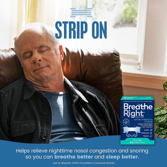 Breathe Right Nasal Strips, Extra Strength Clear Nose Strips, Drug Free Nasal Congestion Relief for Better Breathing, Help Relieve Snoring, Caused by Colds & Allergies, Deviated Septum, 44ct
