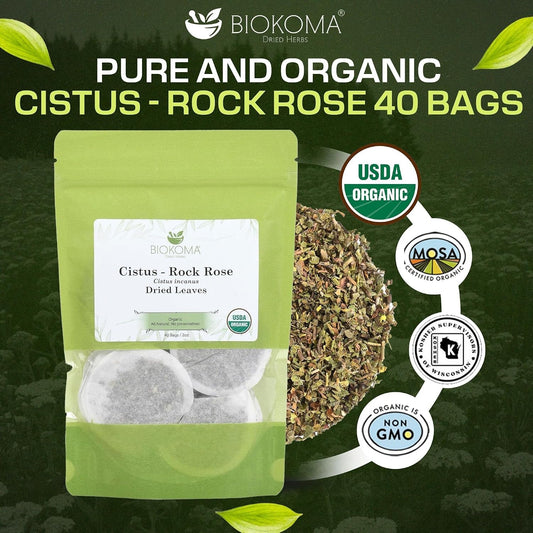 Biokoma Organic Cistus Rock Rose Tea Bags 40 Count Cistus Incanus Dried Leaves USDA Organic Herbal Tea Immune Respiratory Support Resealable Pouch Caffeine-Free Pure No Preservatives Non GMO Kosher