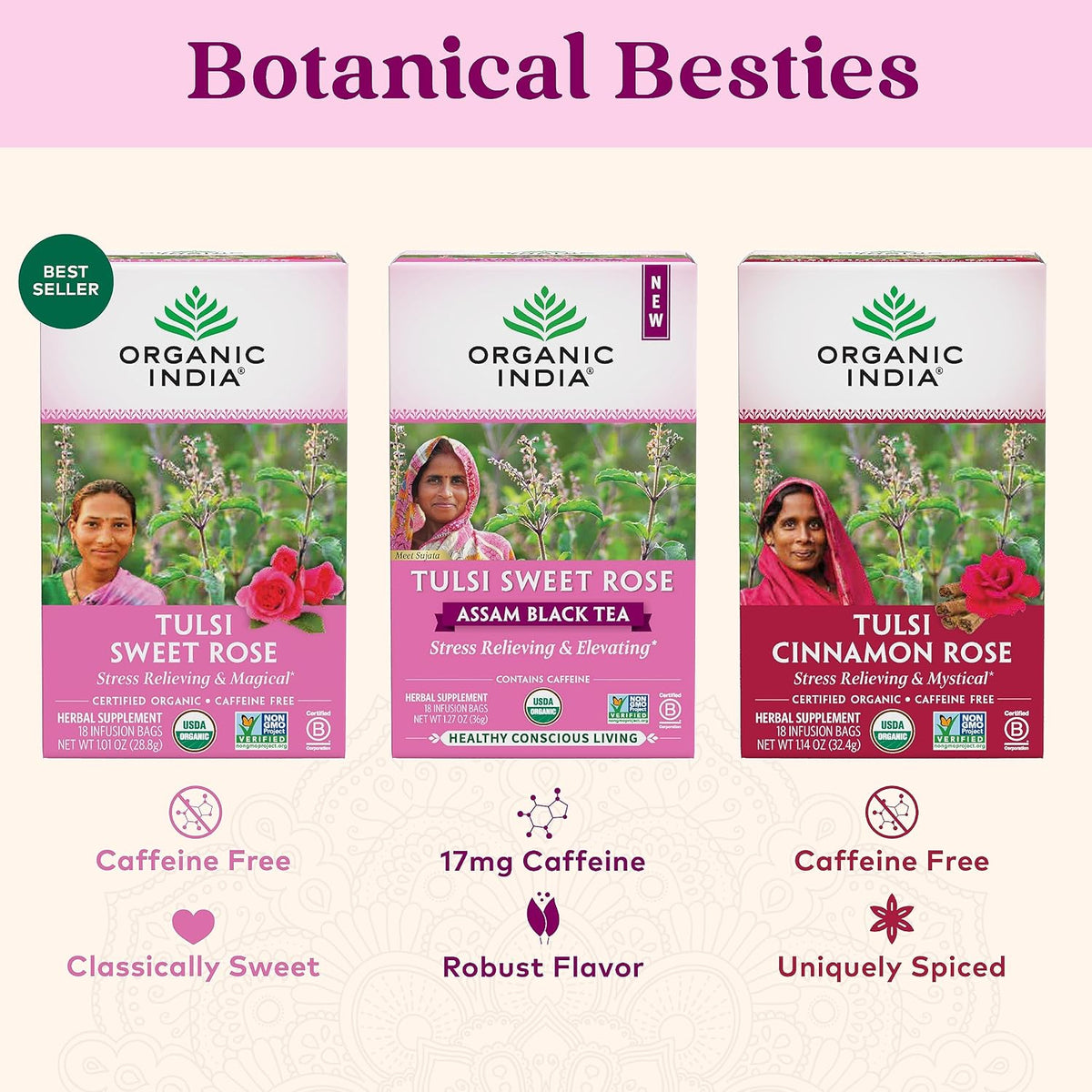 ORGANIC INDIA Tulsi Sweet Rose Herbal Tea, Holy Basil Leaf, 18 Bags, 3 Pack