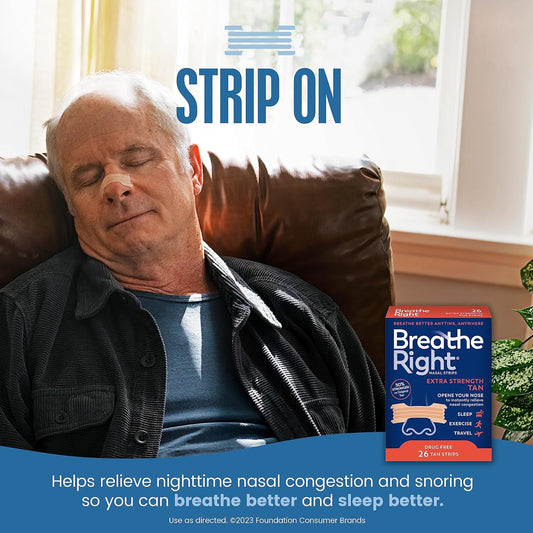 Breathe Right Nasal Strips, Extra Strength Tan Nose Strips, Drug-Free Nasal Congestion Relief for Better Breathing, Help Relieve Snoring, Caused by Colds & Allergies, Deviated Septum, 26ct