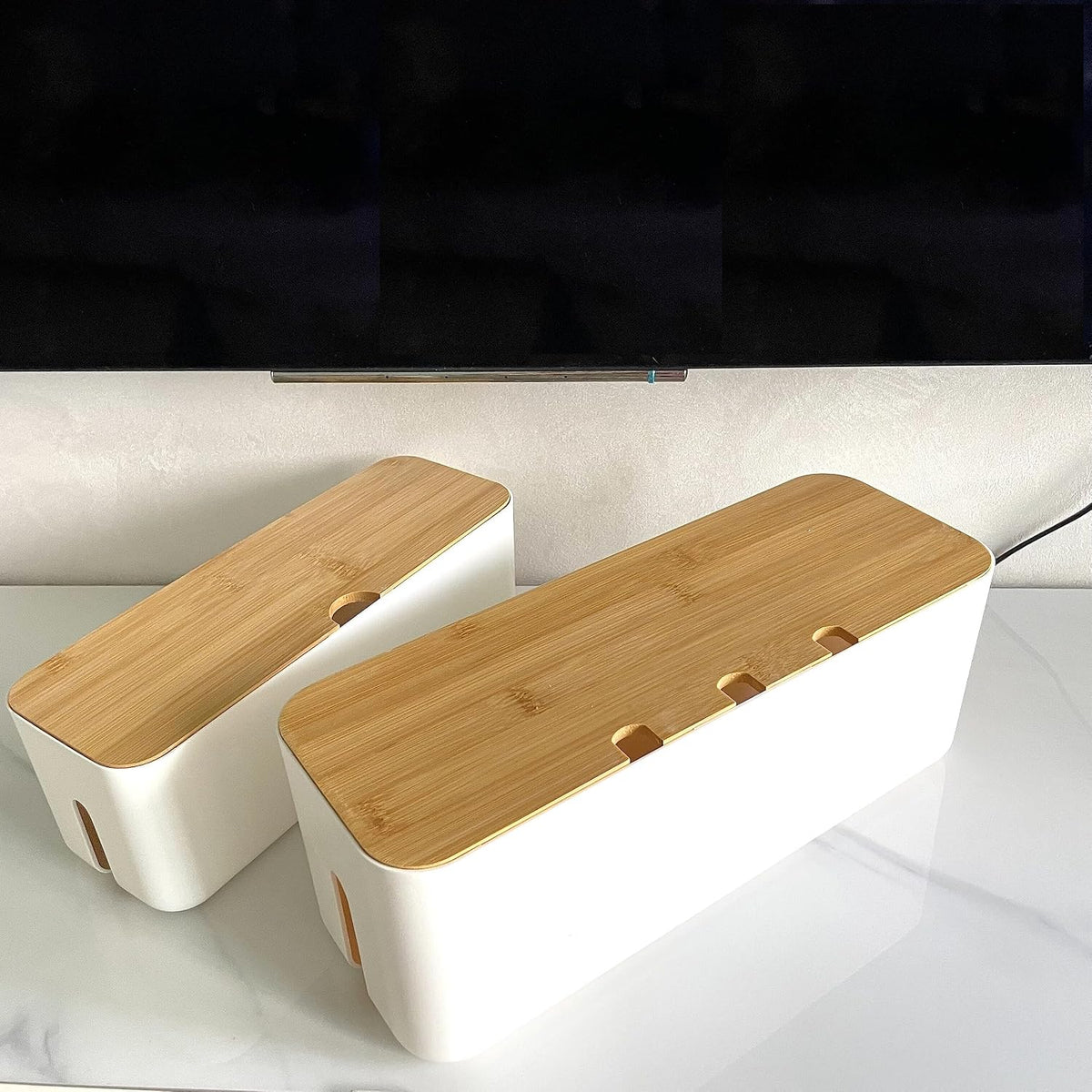Cable Management Box with Bamboo Lid, Small Power Strip Organizer, Black