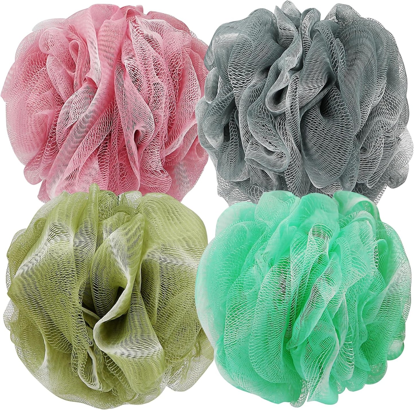 DadyMart Shower Loofah Sponge Pouf – XL Exfoliating Bath Puff Body Scrubber, Soft Mesh Shower Sponge with Reinforced Knot, Rich Lather, Set of 4 for Women and Men