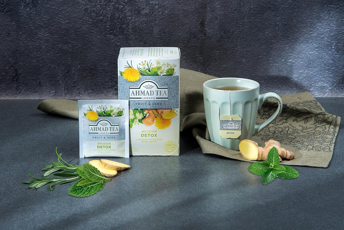 Ahmad Tea Herbal Tea, Ginger, Peppermint, Fennel, Dandelion, & Birch 'Detox' Teabags, 20 ct (Pack of 1) - Decaffeinated & Sugar-Free