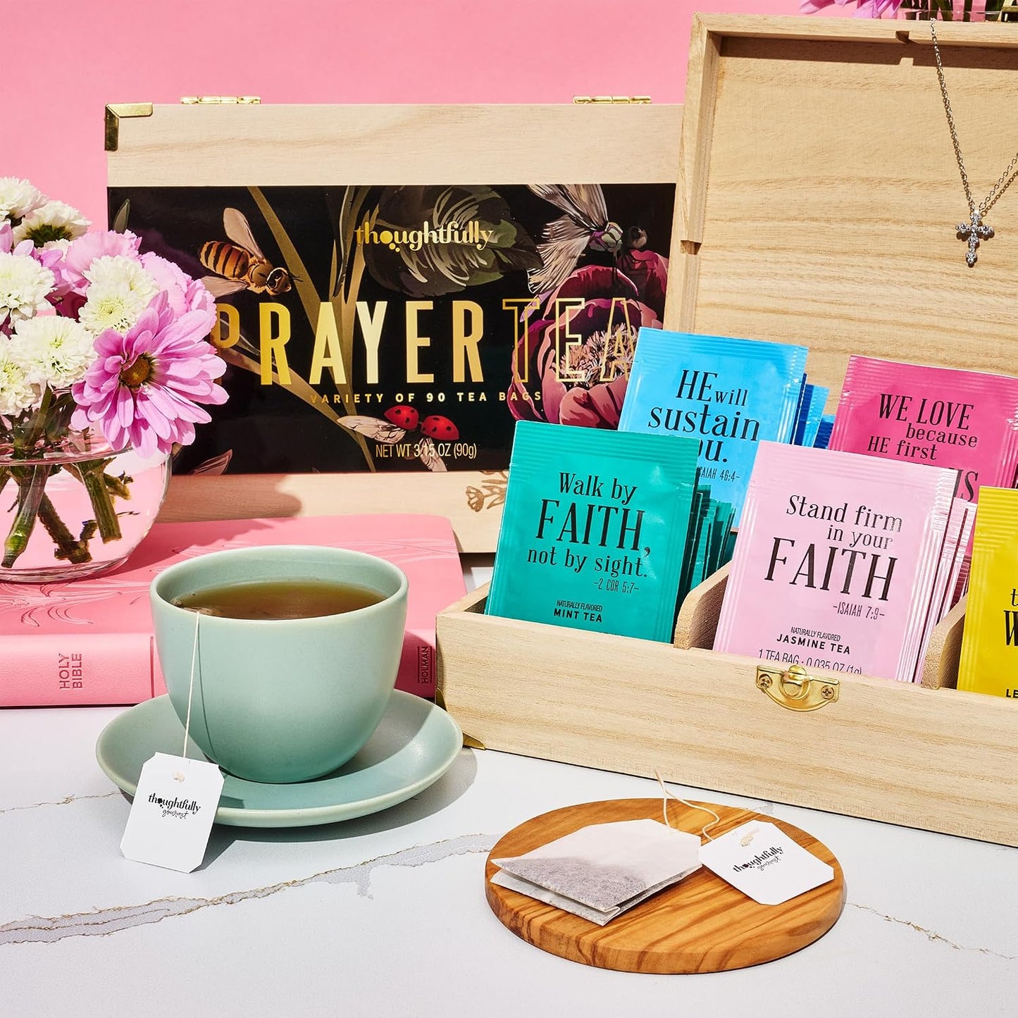 Thoughtfully, Tea Affirmations Christian Prayer Gift Set for Women, Religious Tea Gift with 6 Flavors and Bible Verses from Psalms and Other Books to Rejoice Pack of 90
