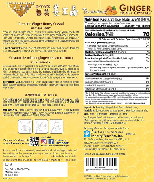 Prince of Peace Instant Ginger Honey Crystals with Turmeric, Value Pack 60 Sachets – Instant Hot or Cold Beverage Easy to Brew – Drink Like a Tea – Caffeine and Gluten Free – Real Ginger 38oz (1080g)