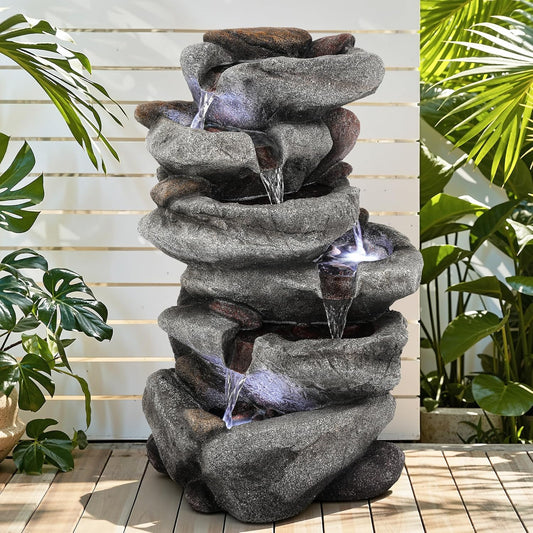 19.5" H 4-Tier Indoor & Outdoor Water Fountain with LED Lights | Resin Pebble Textured Tabletop Cascading Water Feature, Relaxing Decor for Patio, Porch, Deck, Yard & Home