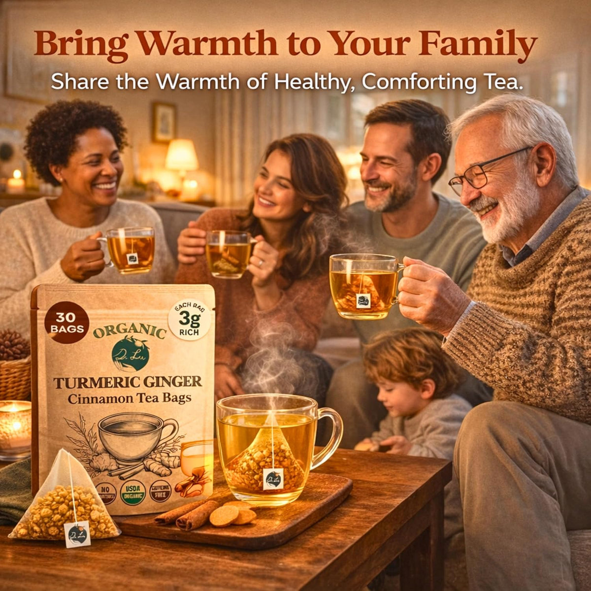 Dr. Lu’s Organic Turmeric Ginger Cinnamon Tea | Tropical Wild Roots & Bark from South Asia | 100% Natural Digestive & Warming Support | 30 x 3g Potent Root Blend Corn Fiber Pyramid Bags (No Plastic, No Nylon)