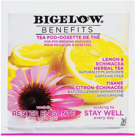 Bigelow Benefits Stay Well Lemon and Echinacea Herbal Tea Pods, 16-Count Box (Pack of 1) Caffeine-Free Individual Herbal Tisane Bags, for Hot Tea or Iced Tea