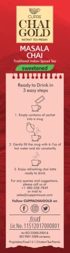 Cuppa Chai Gold Cardamom Chai Instant Tea Premix Sweetened, Rich Cardamom Flavor Tea Beverage Mix, Smooth Creamy Taste, Just Add Hot Water, Convenient Single-Serve Sachets for Home, Office & Travel, 10 Count