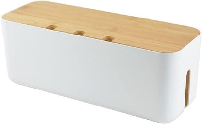 Cable Management Box with Bamboo Lid, Small Power Strip Organizer, Black