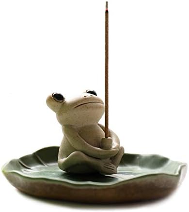 NAGU 100% Handmade Ceramic Stick Incense Burner Holder,Small Frog Incense,Lotus Leaf Tray,Mini Cute Animal Statue Home Incense Burner