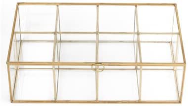 NCYP Glass Tea Bags Organizer with 5 Grids Compartments, Indoor Counter Top Brass Display Case with Lid, Storage Box, Gold, Decor, Teabag Storage, 14.5 x 3.6 x 3.66 Inches (Glass Box Only)