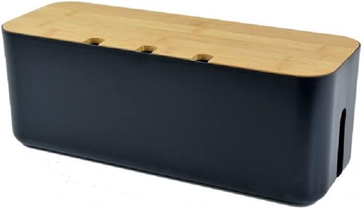 Cable Management Box with Bamboo Lid, Small Power Strip Organizer, Black