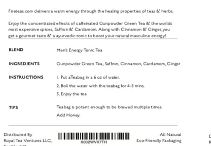 FIRE TEAS Men's Energy Tonic Tea - Gunpowder Green Tea, Cardamom, Cinnamon, Ginger, Saffron - Power Tea for Men-
