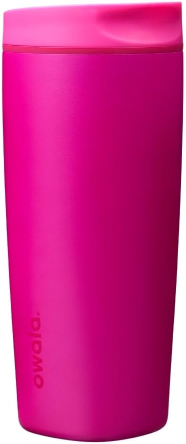 Owala SmoothSip Slider Insulated Stainless Steel Coffee Tumbler, Reusable Iced Coffee Cup, Hot Coffee Travel Mug, BPA Free 12 oz, Pink (Pucker Up)