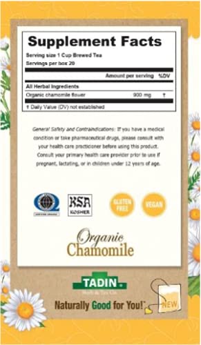 Tadin Organic Chamomile Lavender Tea, Caffeine Free Herbal Tea to Promote Serenity, 20 Tea Bags Per Box, Pack of 6